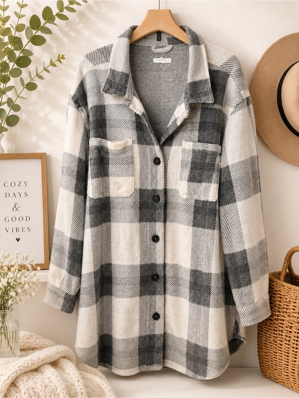 Maurices Black & Cream Plaid longline Shacket